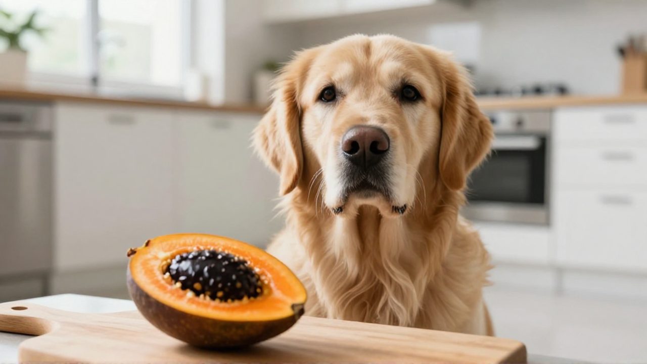 Un Golden Retriever con mirada de alerta sentado en la cocina junto a un mamey cortado en una tabla de madera.