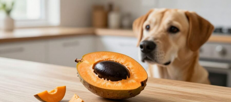 Un mamey cortado por la mitad sobre una encimera de madera junto a un perro que lo observa con curiosidad.
