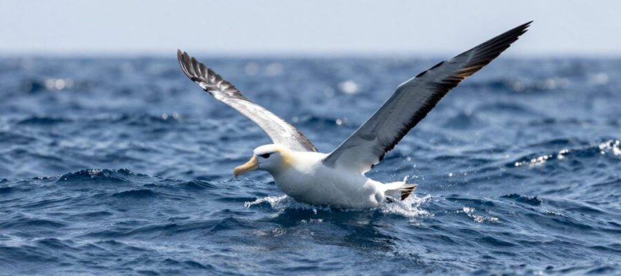 Albatros con las alas extendidas planeando sobre las crestas de las olas en un océano azul profundo.