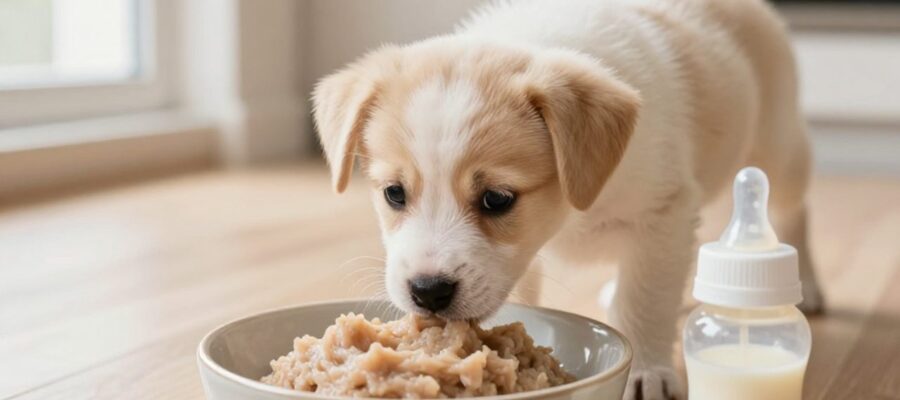 Cachorro de un mes olfatea un cuenco con comida húmeda junto a un biberón de leche para facilitar su transición al alimento sólido.