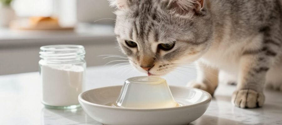 Gato doméstico olisqueando con curiosidad una pequeña porción de gelatina sin sabor en un cuenco de cerámica sobre una encimera de mármol.