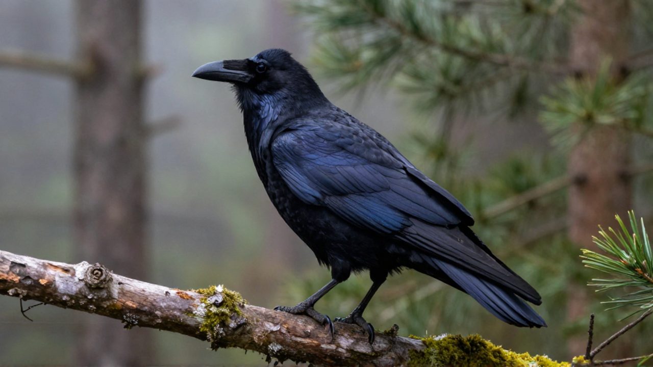 Cuervo común posado de perfil en una rama con musgo dentro de un bosque neblinoso.