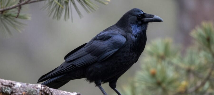 Perfil detallado de un cuervo común posado sobre la rama de un árbol en un bosque neblinoso.