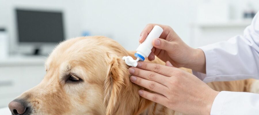 Manos de un veterinario aplicando crema medicinal en la piel de un perro Golden Retriever en una clínica.