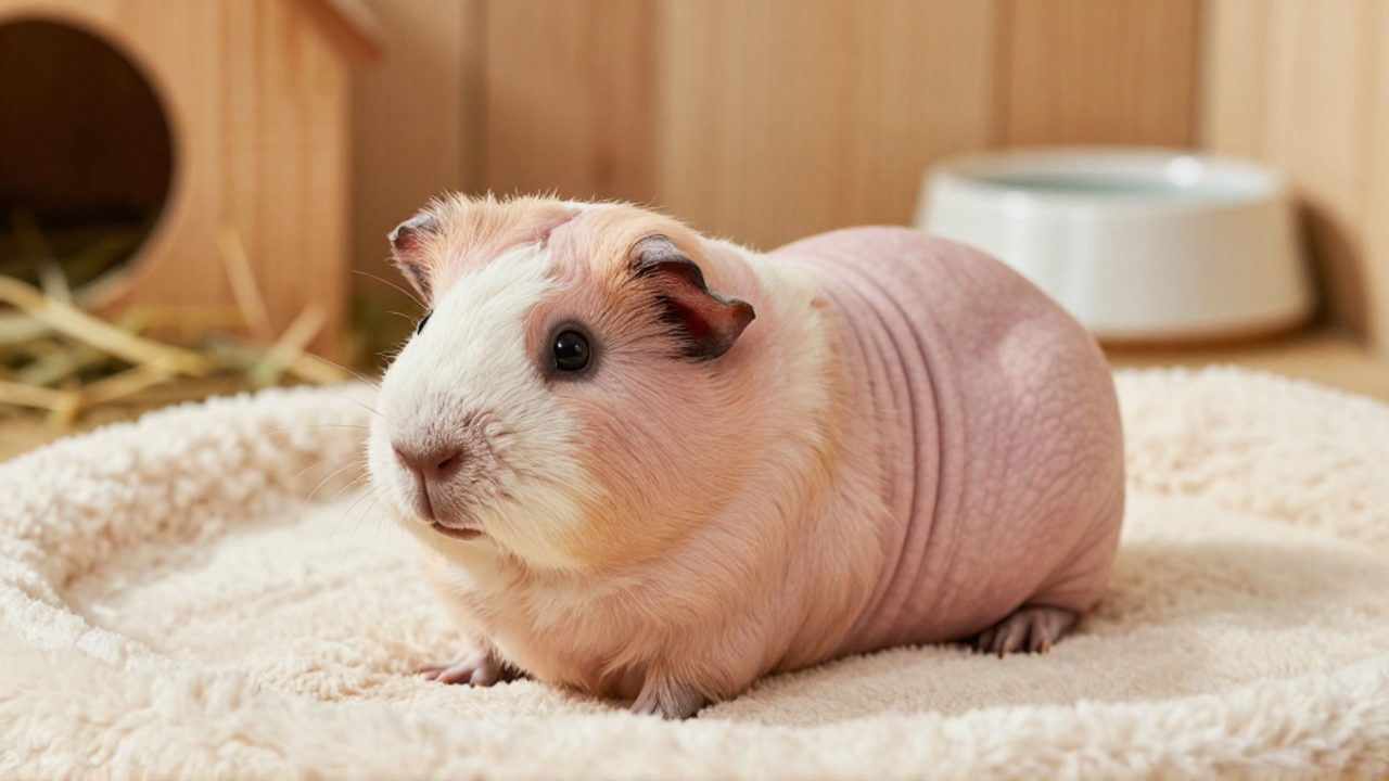 Una cobaya skinny descansa relajada sobre una manta de felpa suave dentro de su hábitat acogedor.
