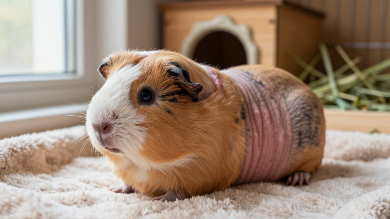 Una cobaya skiny de piel arrugada descansa tranquila sobre una manta suave dentro de su hábitat.