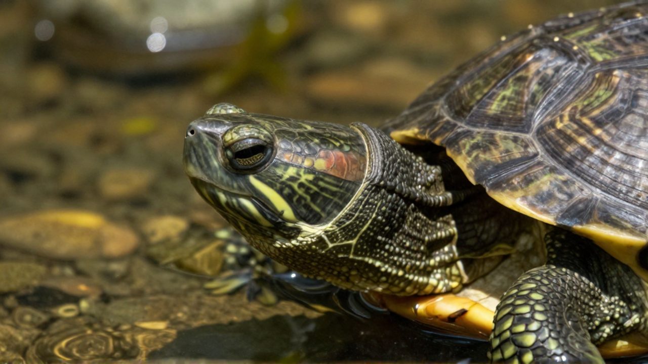 Primer plano del lateral de la cabeza de una tortuga semiacuática sumergida en agua clara, destacando la zona de la membrana timpánica detrás del ojo.