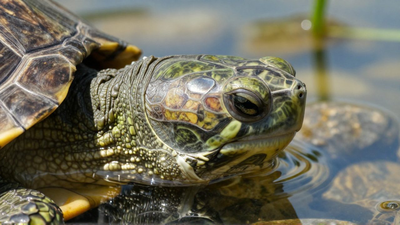 Primer plano de la cabeza de una tortuga donde se aprecia la textura de su piel y la zona de la membrana timpánica situada detrás del ojo.