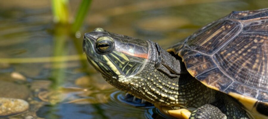 Primer plano del perfil de una tortuga semiacuática que muestra la zona de la membrana timpánica detrás de su ojo.