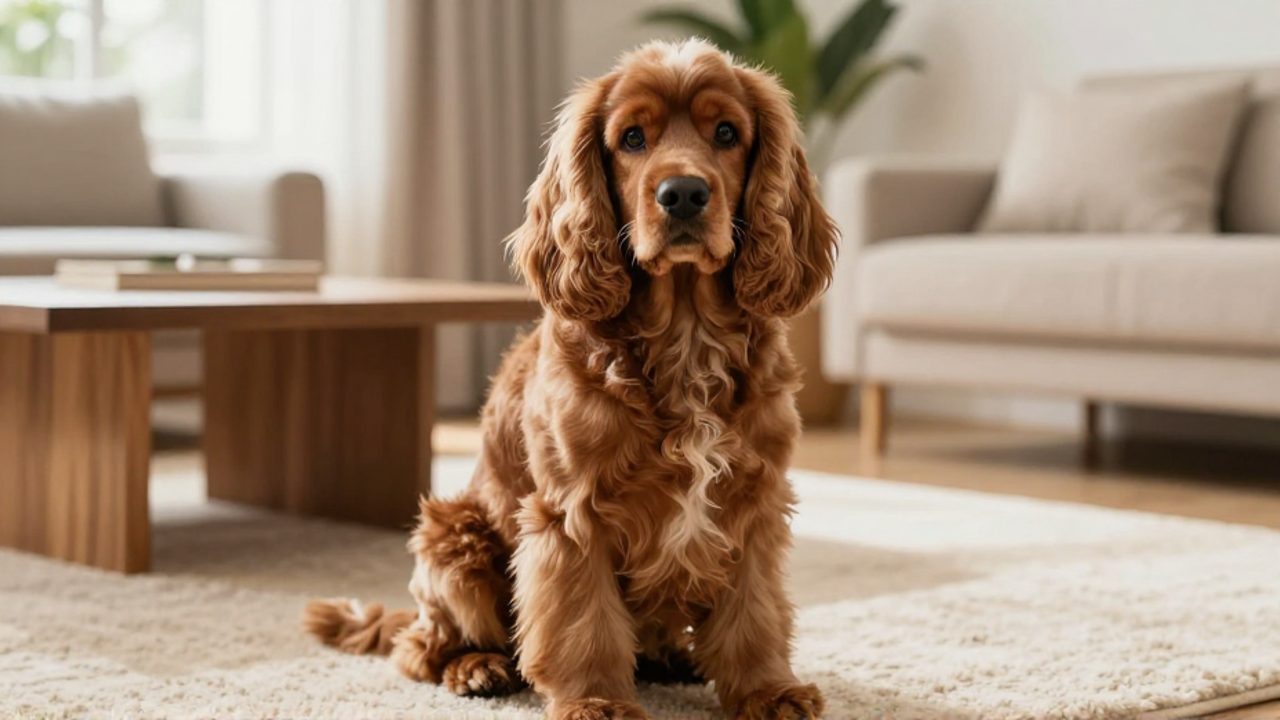 Un Cocker Spaniel de pelaje marrón chocolate sentado tranquilamente sobre una alfombra en una sala de estar iluminada por el sol.