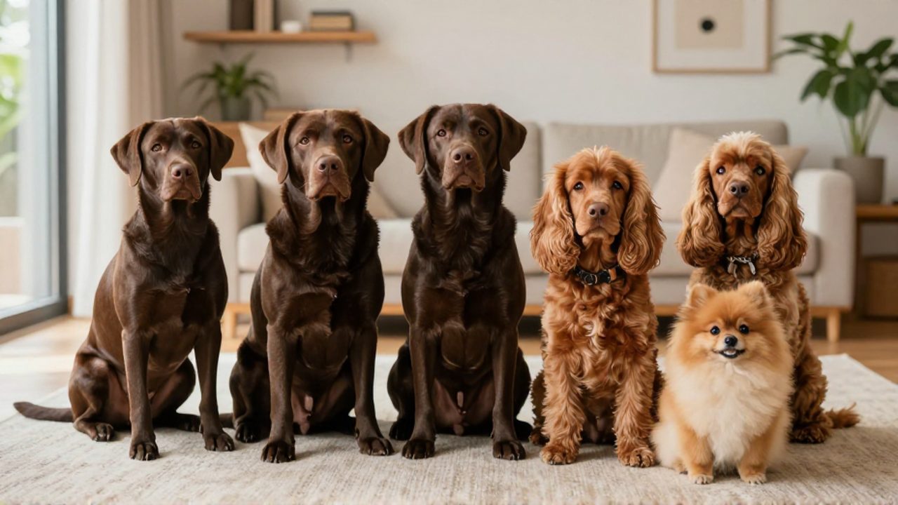 Grupo de perros de distintos tamaños y tonos de marrón, incluyendo un labrador, un cocker spaniel y un pomerania, sentados juntos en una sala luminosa.
