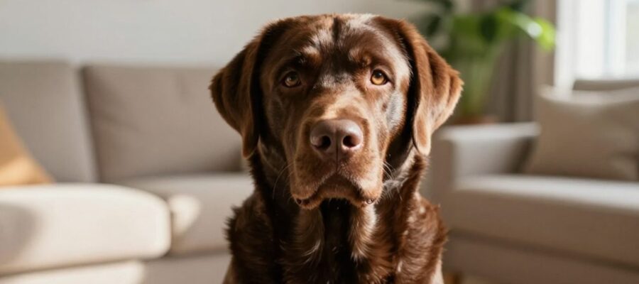 Primer plano de un Labrador Retriever de color chocolate sentado tranquilamente en una sala de estar iluminada por el sol.