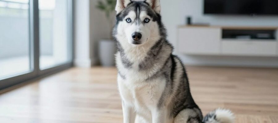 Un husky siberiano sentado con expresión alerta y atenta en una sala luminosa y despejada.
