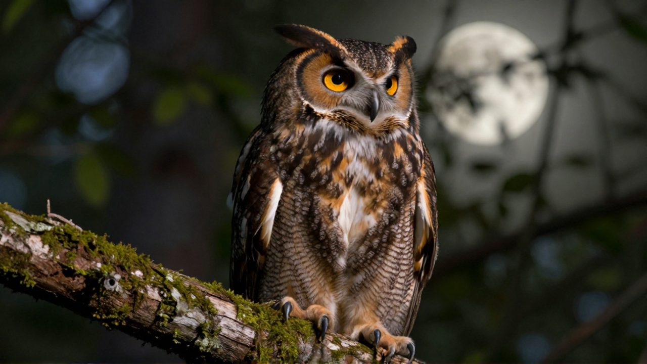 Primer plano de un búho cornudo posado en una rama con musgo, destacando su plumaje moteado, sus intensos ojos ámbar y sus garras afiladas en un entorno de bosque nocturno.