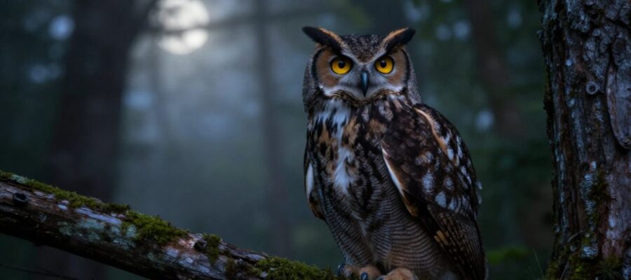 Un búho cornudo con ojos dorados observa con atención desde la rama de un árbol en un bosque nocturno.