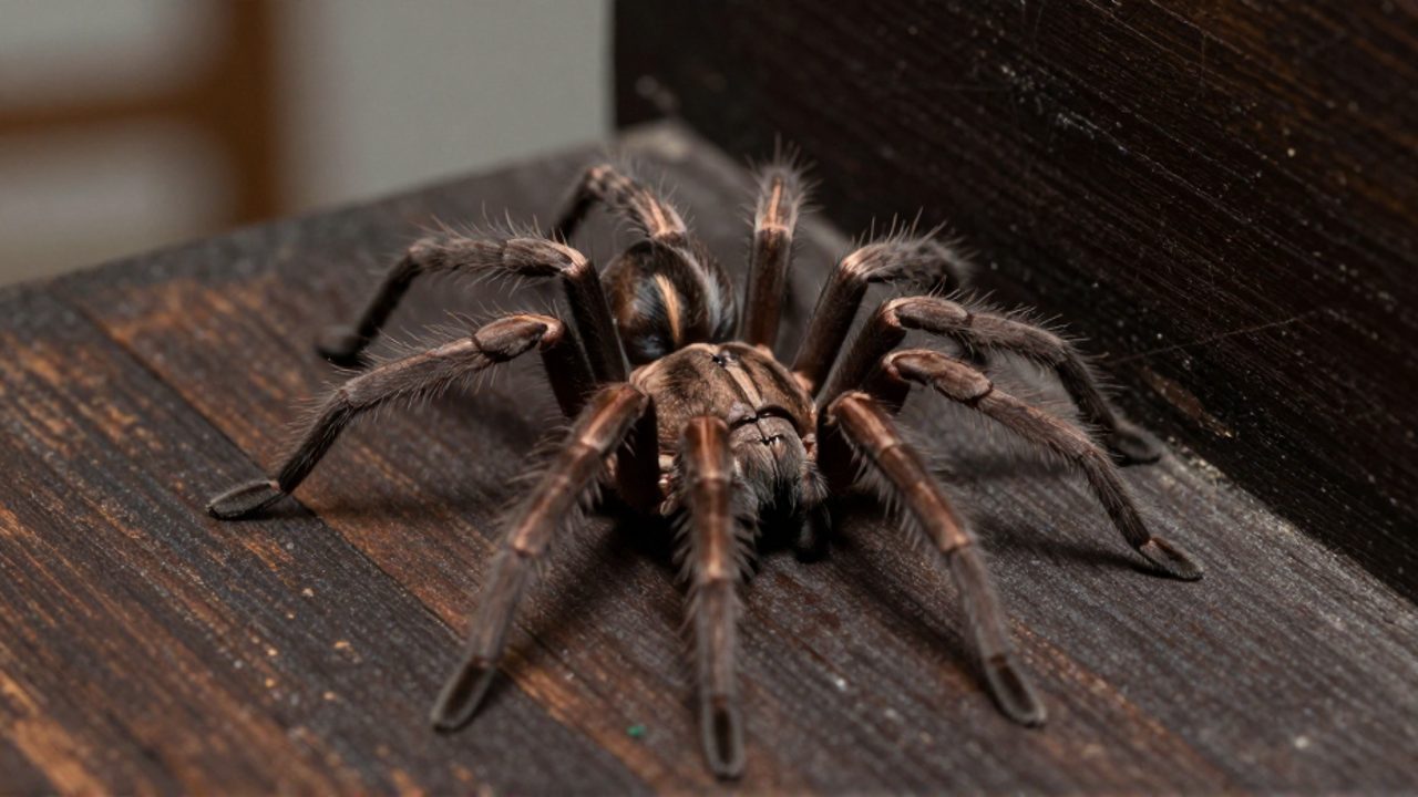 Araña violinista marrón con su característica marca en forma de violín sobre una superficie de madera en un rincón de un hogar.