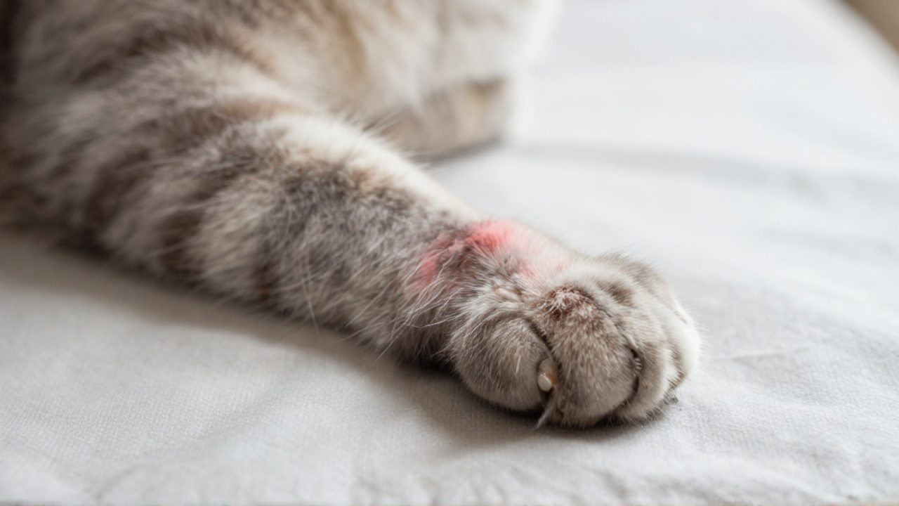 Pata de un gato con una zona de la piel enrojecida e inflamada cerca de las almohadillas.