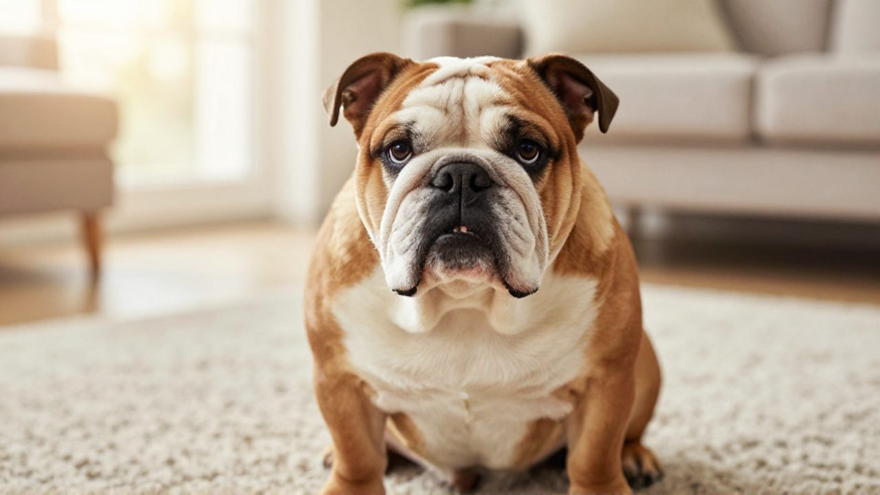 Primer plano de un Bulldog Inglés con expresión curiosa sentado sobre una alfombra en una sala luminosa.