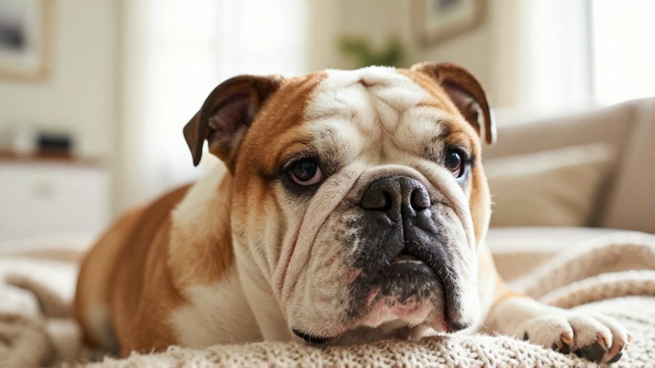Primer plano de un Bulldog Inglés con expresión juguetona descansando la cabeza sobre una manta en una sala acogedora.