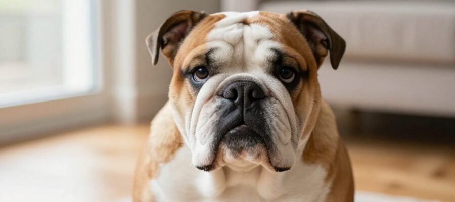 Primer plano de un bulldog inglés de color canela y blanco sentado tranquilamente en una sala de estar luminosa.