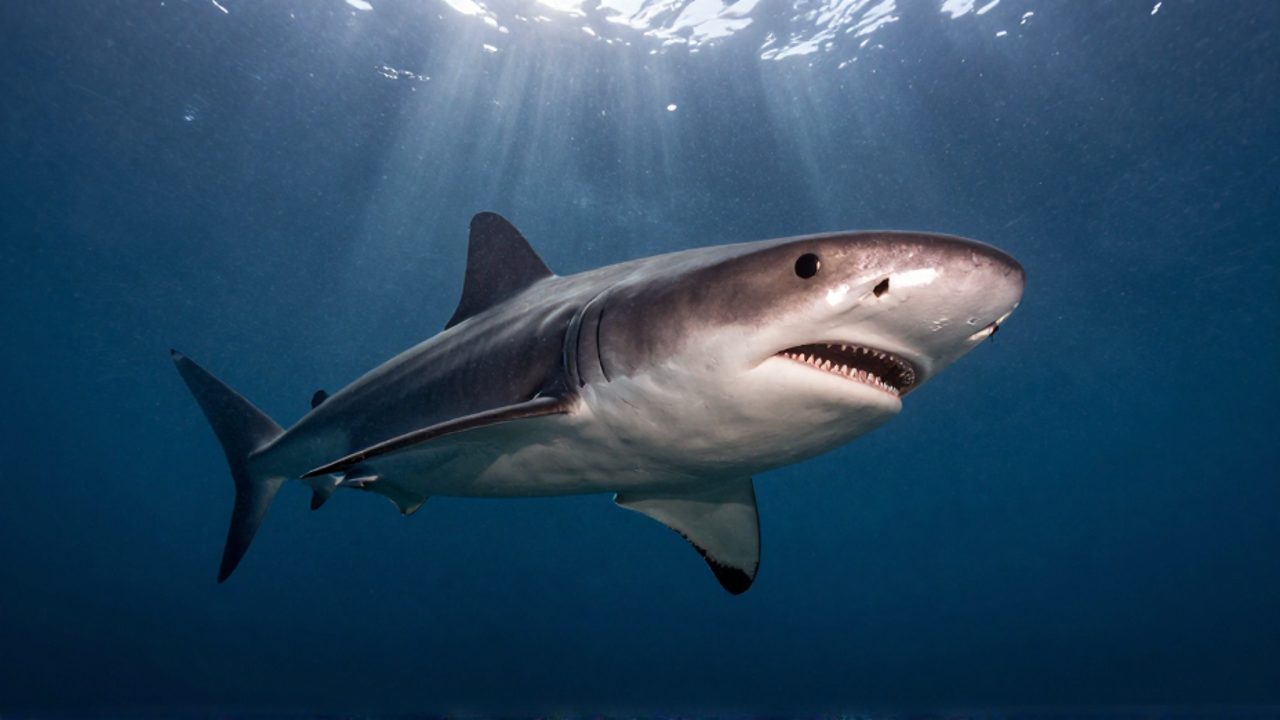 Tiburón boquiancho nadando en la zona mesopelágica con su característica boca circular y una franja blanca en el labio superior.