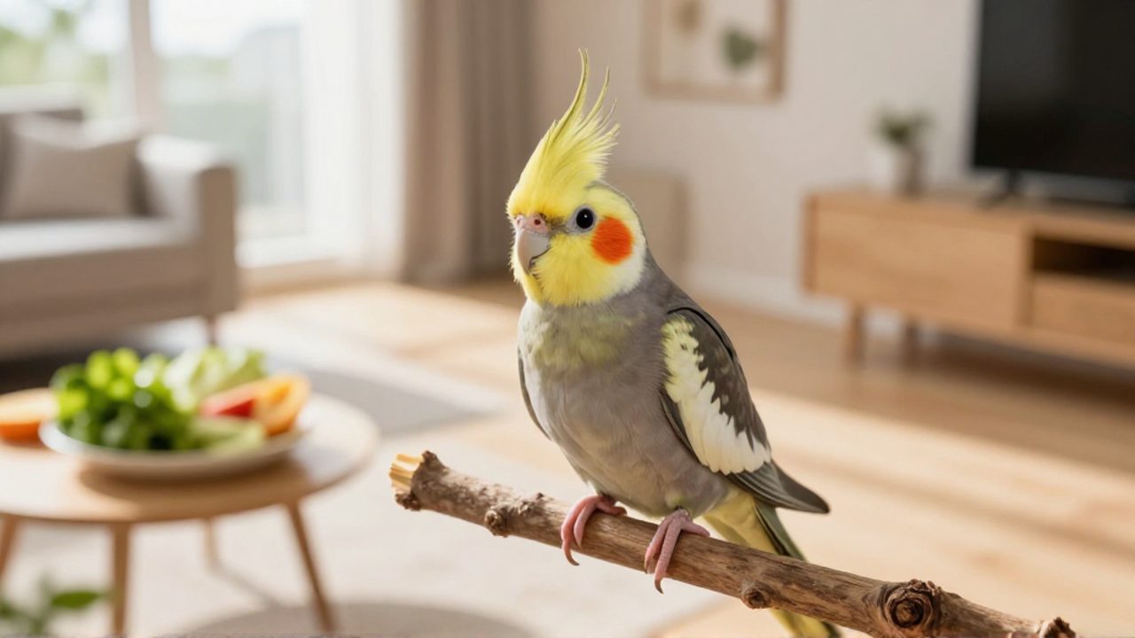Un cacatúa de colores brillantes posado en una rama de madera dentro de un aviario limpio, con un cuenco de frutas y verduras frescas al fondo.
