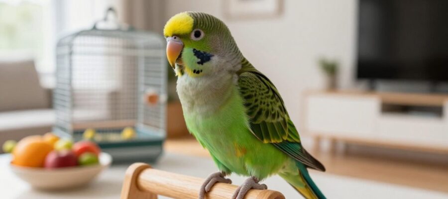 Un perico de color verde brillante posado en un soporte de madera en una sala iluminada, con una jaula y un cuenco de frutas frescas al fondo.