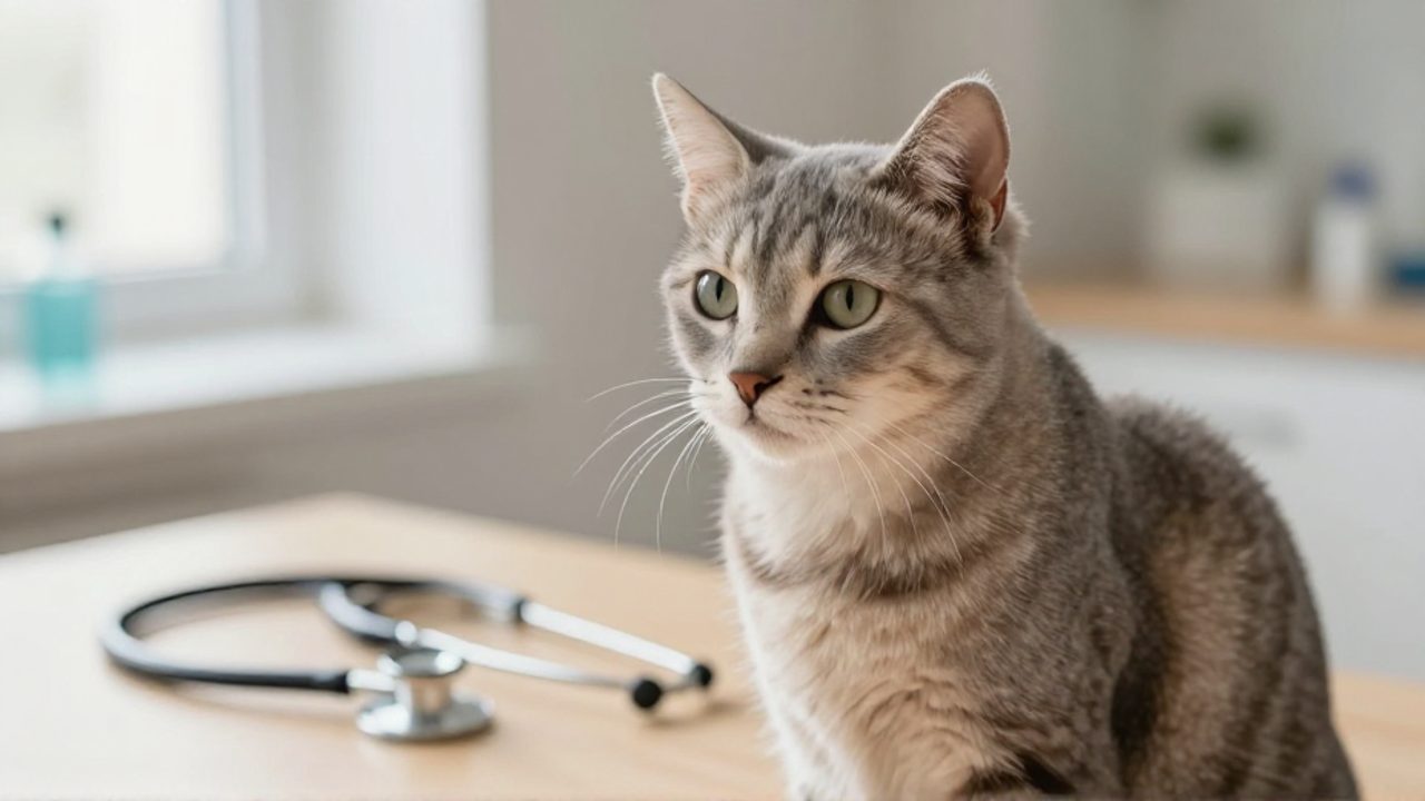 Gato doméstico con expresión atenta sentado en un entorno clínico con un estetoscopio al fondo.