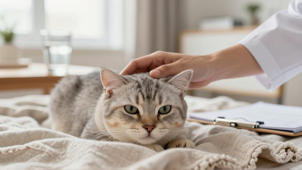 Una persona acaricia con suavidad la cabeza de un gato que descansa sobre una manta, sugiriendo un ambiente de cuidado y observación constante en casa.