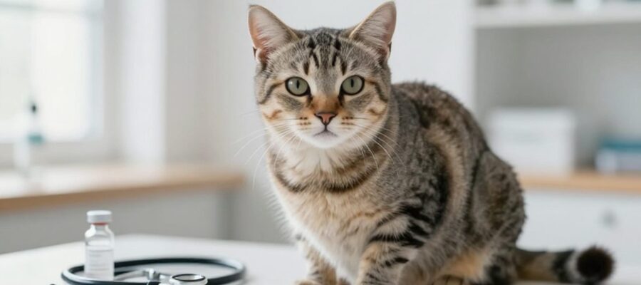 Gato atigrado con expresión tranquila en una clínica veterinaria con un frasco de medicina y un estetoscopio desenfocados al fondo.
