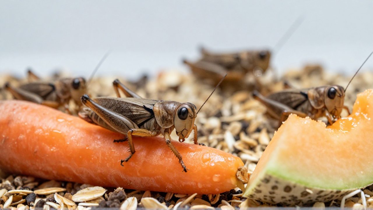 Varios grillos se alimentan de trozos frescos de zanahoria y melón dentro de un terrario para mantenerse hidratados.