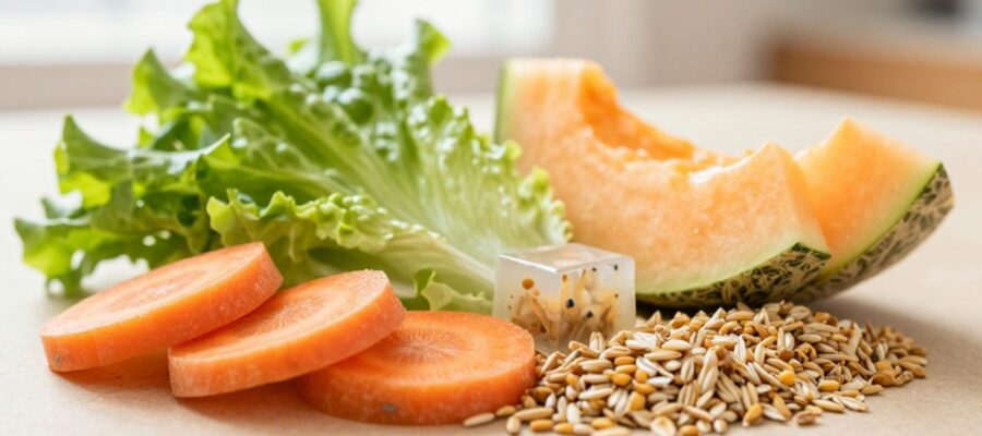 Variedad de alimentos para grillos que incluye rodajas de zanahoria, hojas de lechuga, trozos de melón, granos secos y un cubo de gel hidratante.