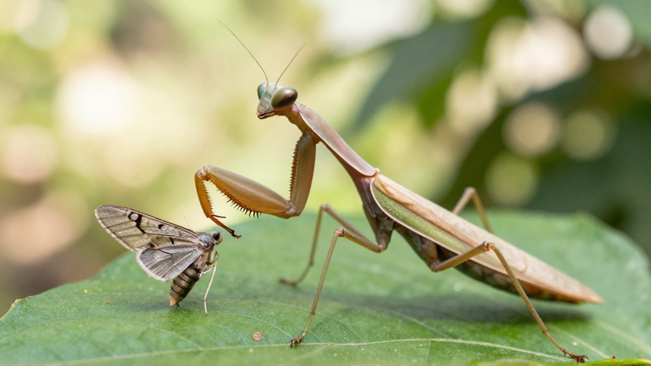 Mantis religiosa atrapando una polilla con sus patas delanteras sobre una hoja verde.