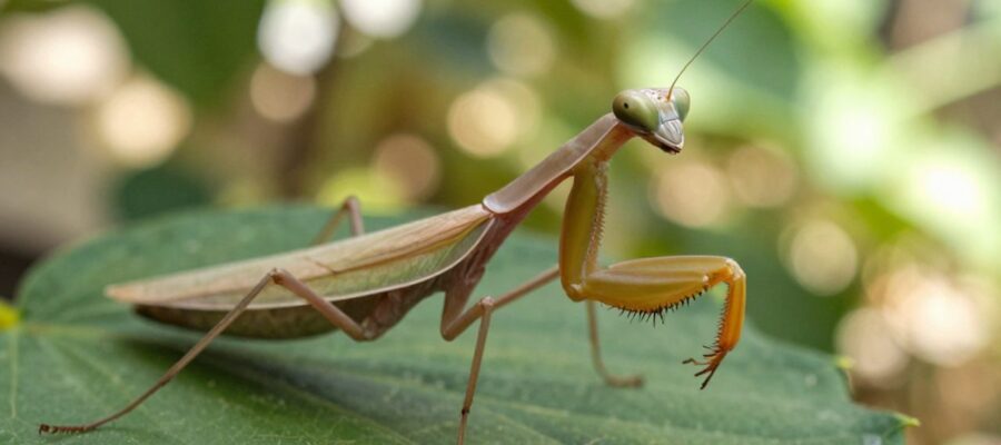 Mantis religiosa en postura de acecho sobre una hoja verde, mostrando sus patas delanteras espinosas listas para la caza.