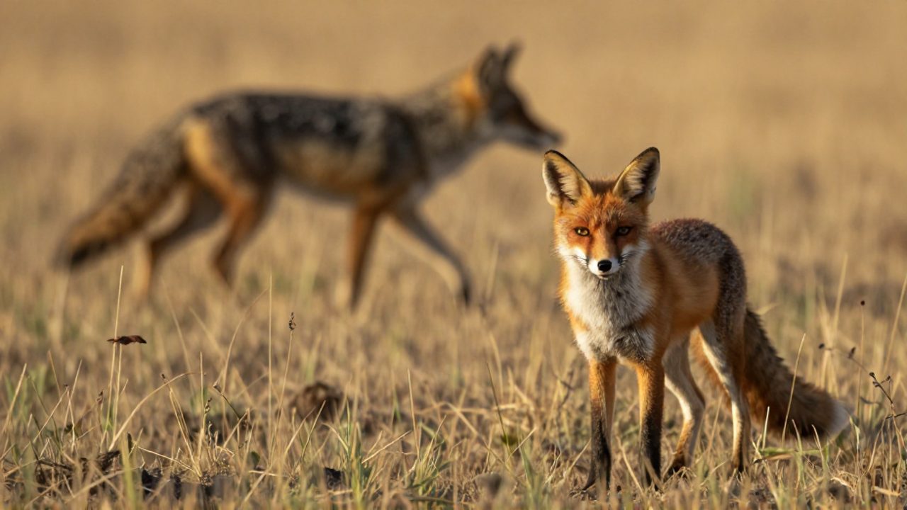 Un zorro rojo alerta en un campo árido observa con tensión la silueta desenfocada de un coyote que se aproxima entre la hierba seca.