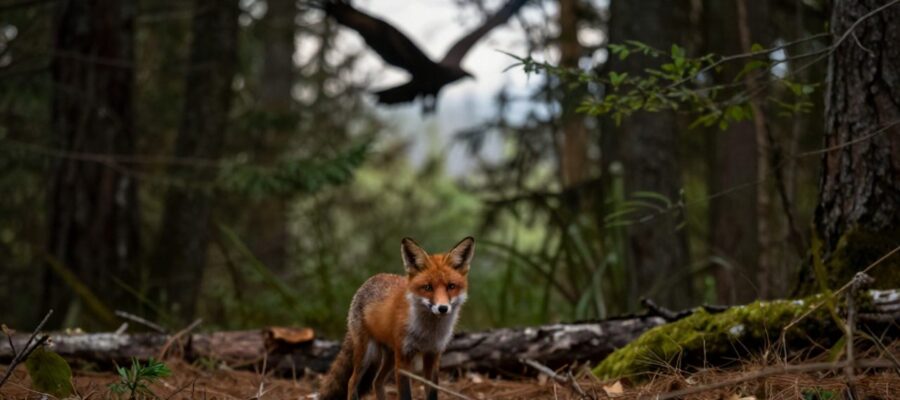 Un zorro rojo alerta en un bosque denso observa su entorno mientras la silueta de un ave rapaz sobrevuela el cielo en el fondo.