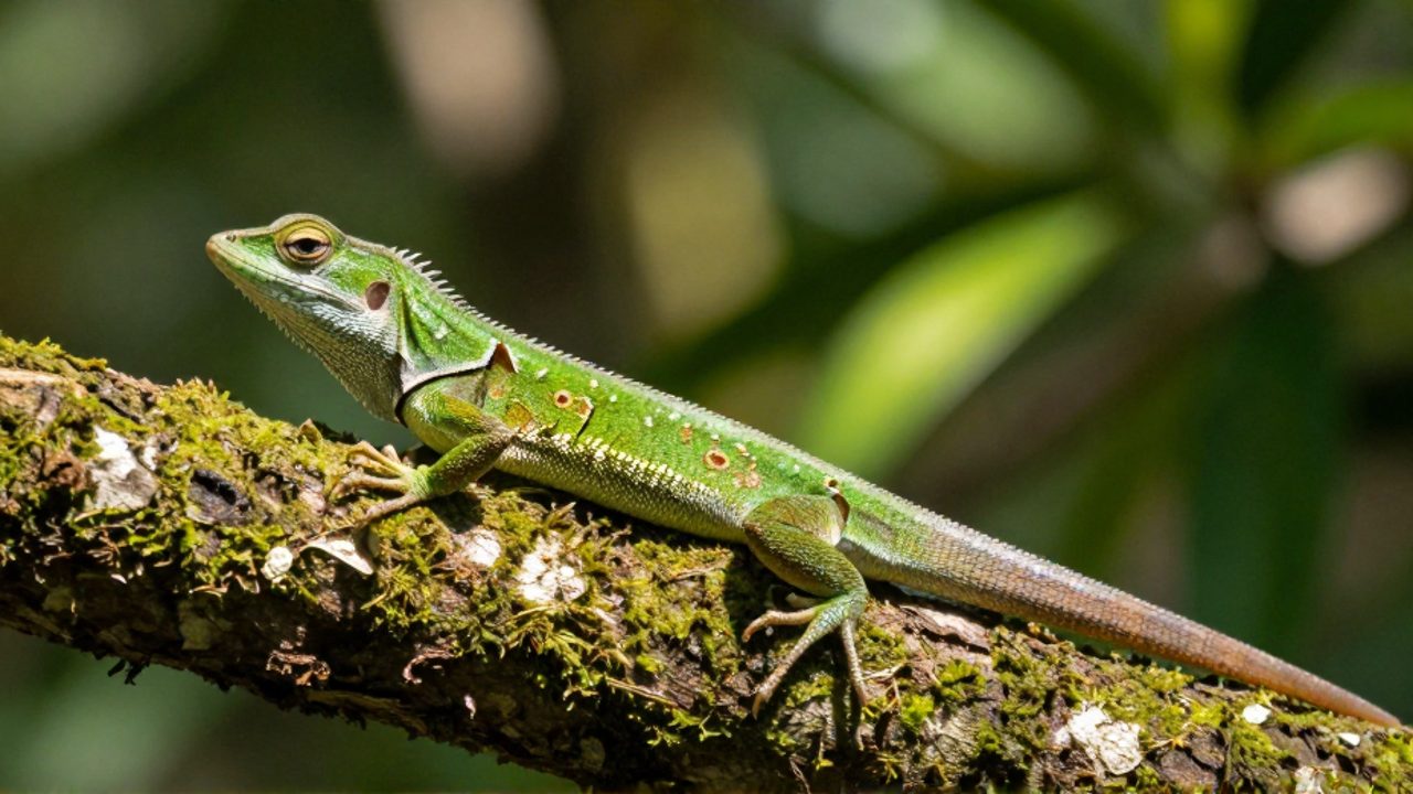 Lagarto verde sobre una rama con musgo que muestra una cola parcialmente regenerada con tejido traslúcido.