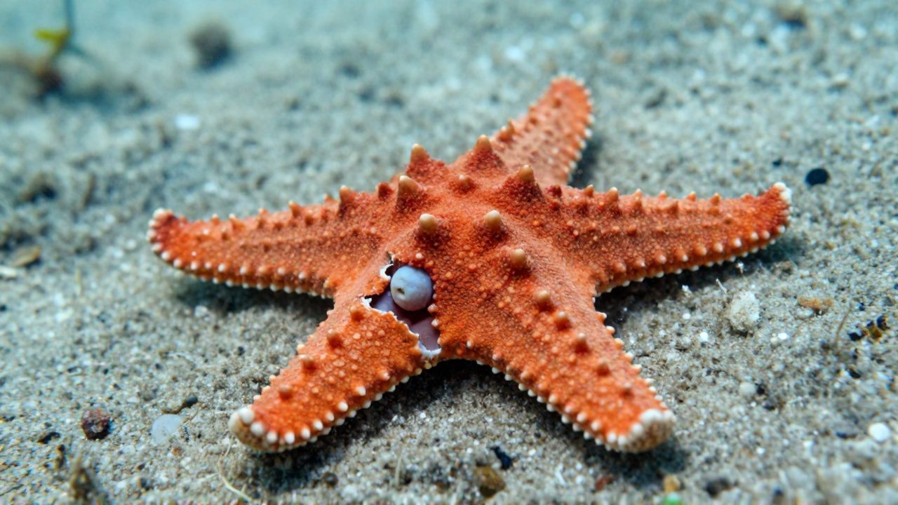 Una estrella de mar naranja en el fondo marino con un brazo partially desprendido que comienza a regenerarse como un nuevo organismo.