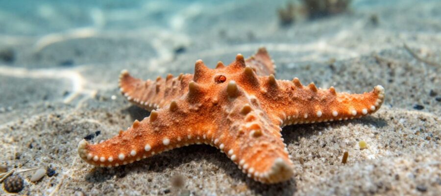 Una estrella de mar naranja en el fondo marino realizando el proceso de fragmentación para su reproducción asexual.