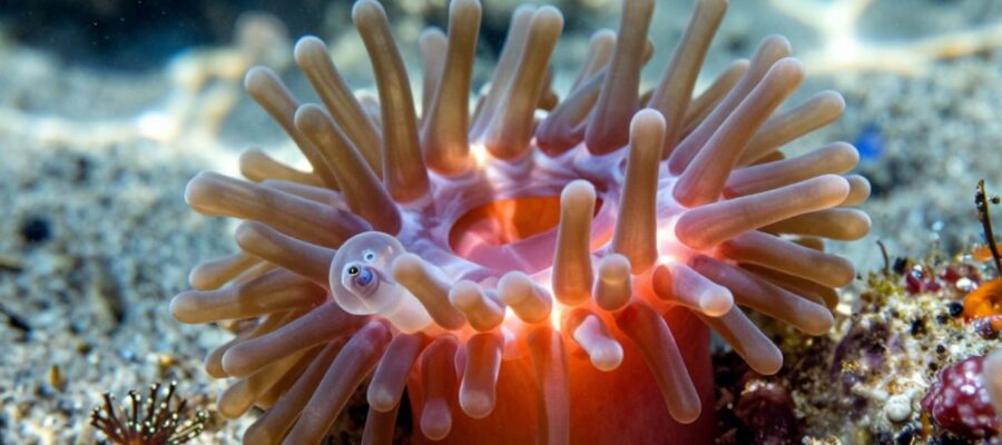 Una anemona de mar de color naranja desarrolla un nuevo individuo pequeño a través del proceso de gemación en el fondo de un arrecife coralino.