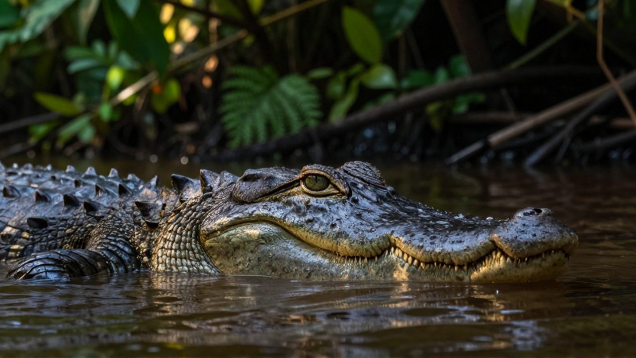 Primer plano de la cabeza de un cocodrilo emergiendo de las aguas oscuras de un río en medio de la vegetación tropical.