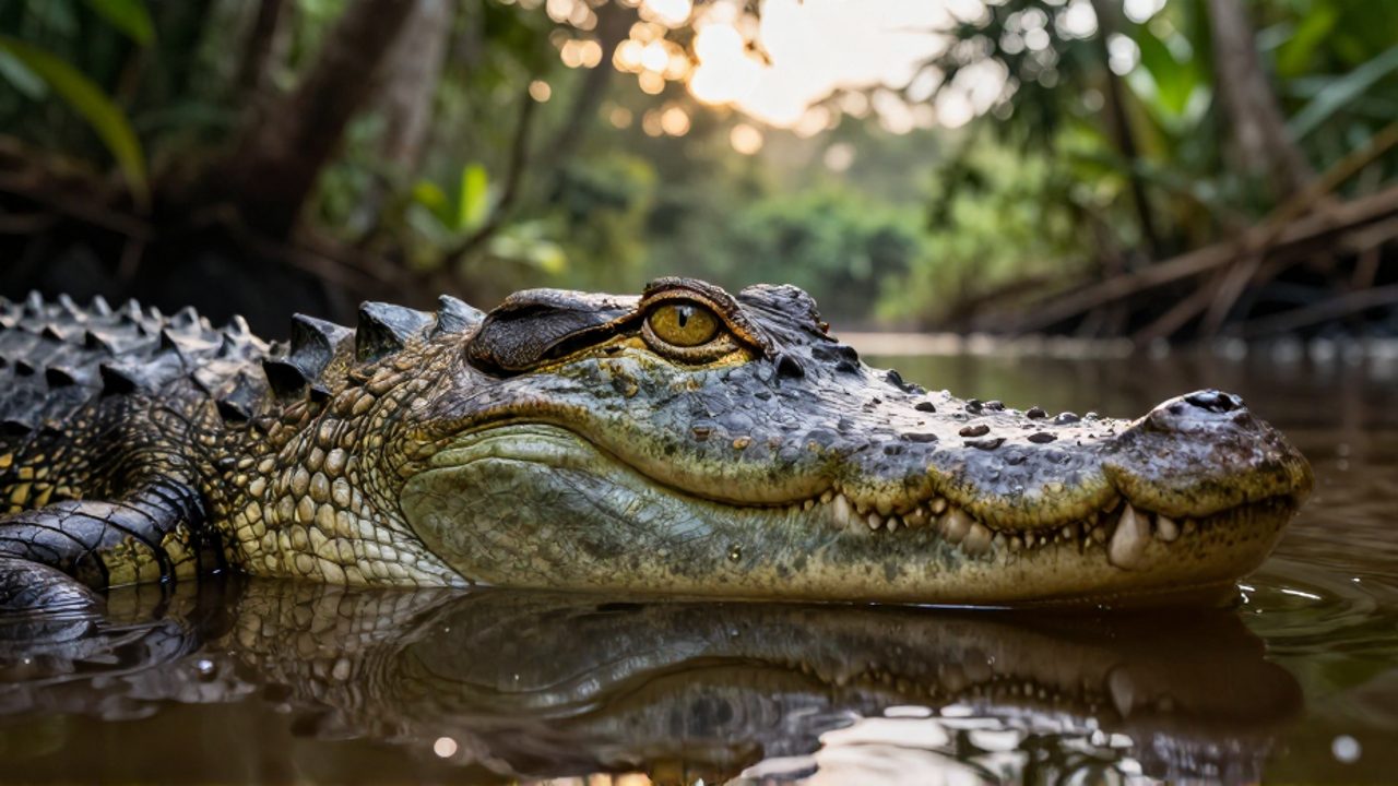 Primer plano del ojo y el hocico de un cocodrilo con piel escamosa mientras permanece parcialmente sumergido en un río tropical.
