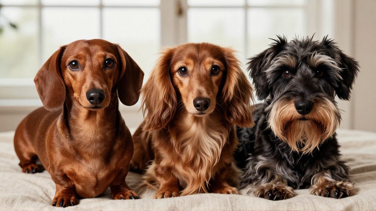 Tres perros salchicha con diferentes tipos de pelaje, uno liso, uno largo y uno de pelo duro, descansando juntos sobre una tela neutra.