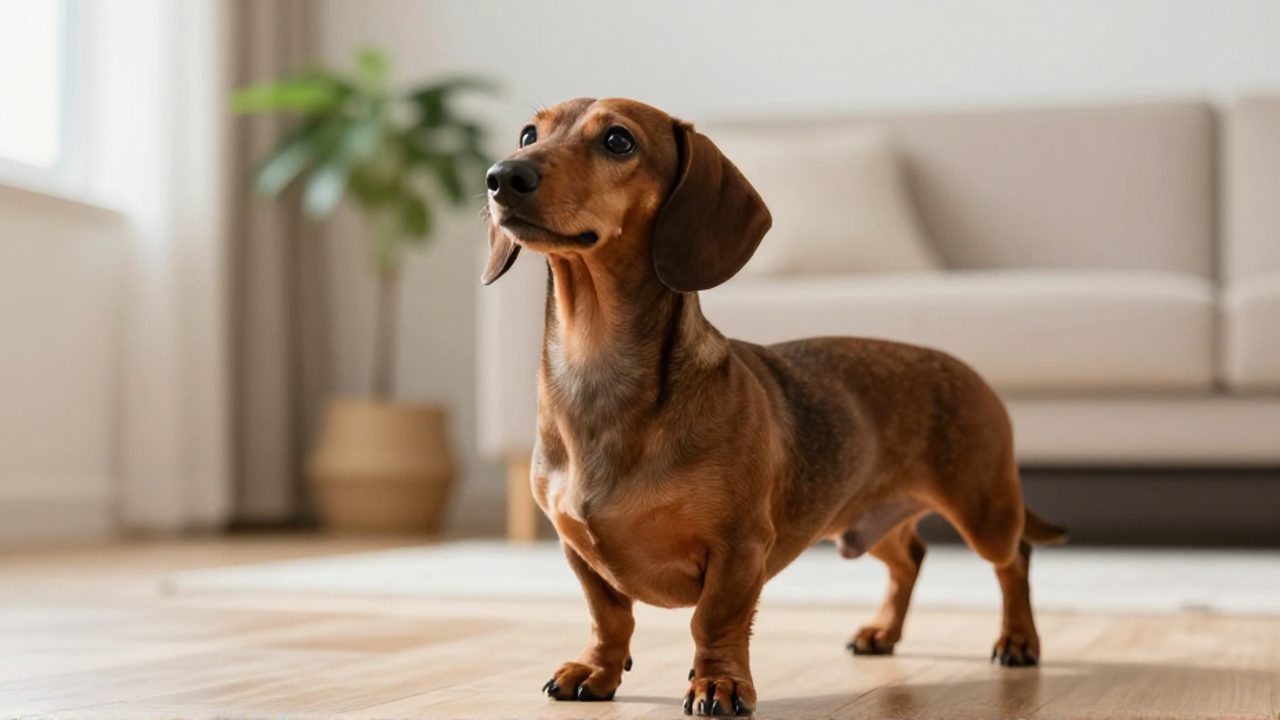 Perro salchicha de pelo corto con la cabeza inclinada y mirada curiosa en una sala de estar luminosa.