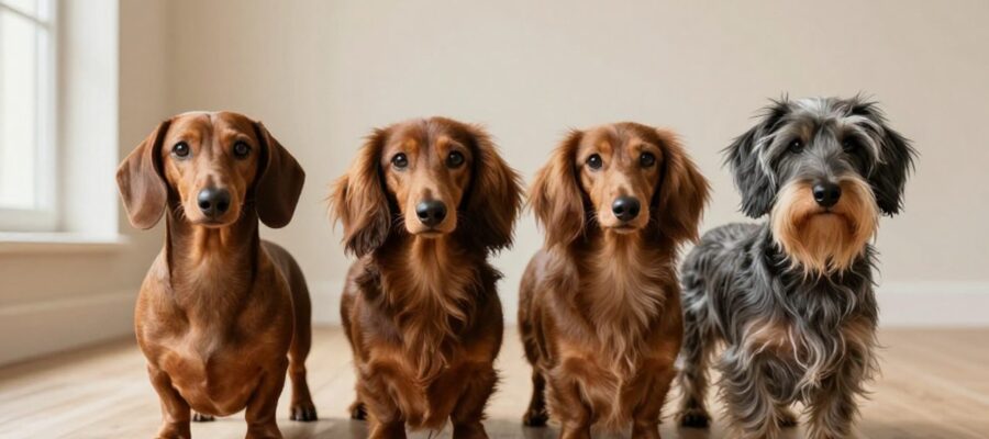 Tres perros salchicha de distintas variedades, uno de pelo corto, uno de pelo largo y uno de pelo duro, posan juntos sobre un suelo de madera.