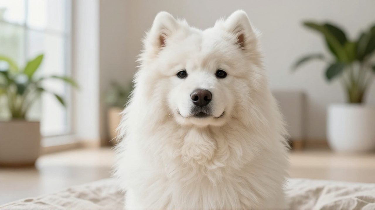 Perro Samoyedo de color crema con pelaje blanco, denso y esponjoso, sentado en un ambiente doméstico luminoso.