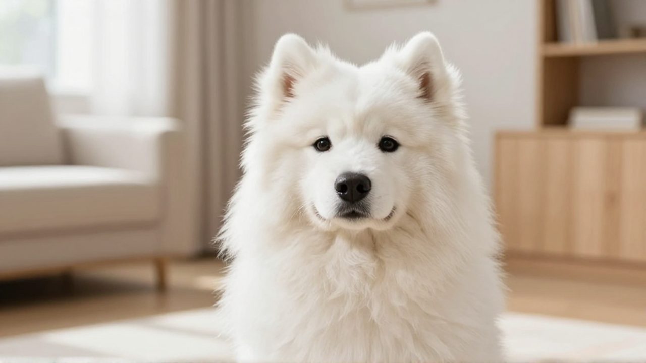 Perro Samoyedo de pelaje blanco, denso y esponjoso sentado en una sala iluminada.