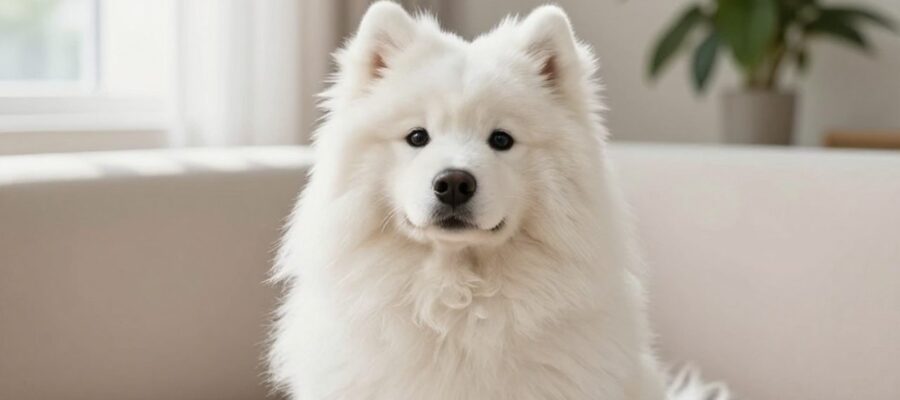 Perro Samoyedo de pelaje blanco y extremadamente denso sentado en un sofá minimalista en una sala luminosa.