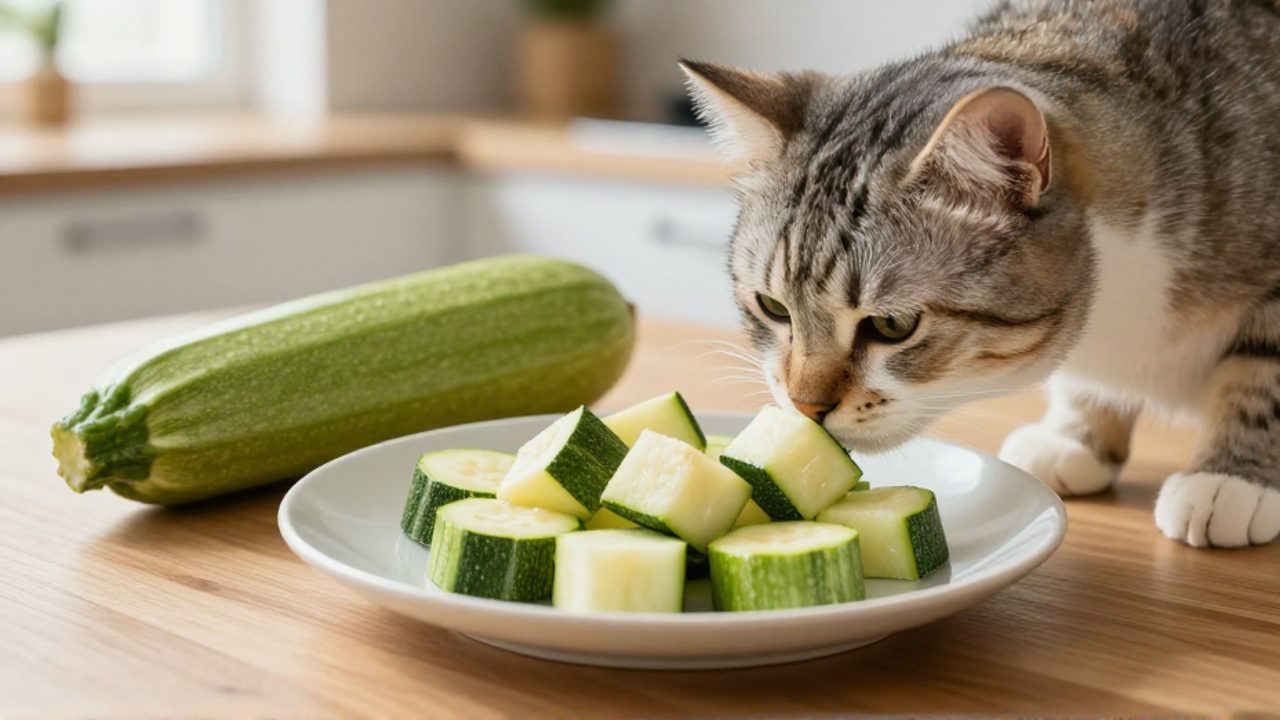 Un gato huele trozos pequeños de calabacín cocido servidos en un plato sobre una encimera de cocina.