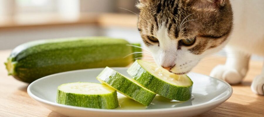 Un gato doméstico olisquea con curiosidad una rodaja de calabacín cocido servida en un plato sobre una mesa de madera.